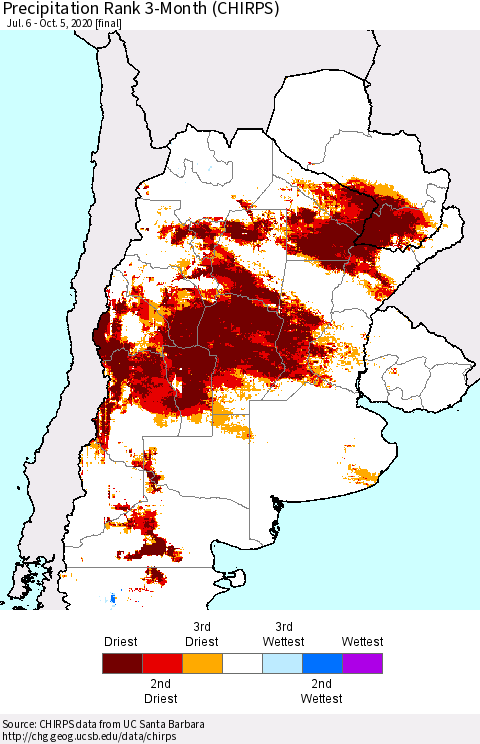 Southern South America Precipitation Rank since 1981, 3-Month (CHIRPS) Thematic Map For 7/6/2020 - 10/5/2020