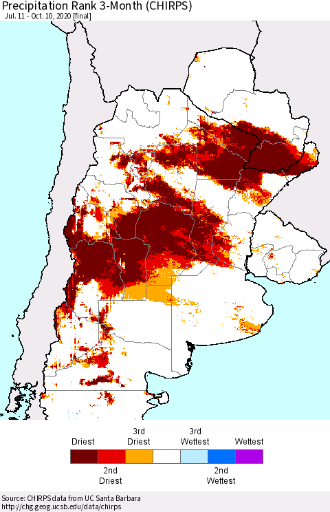 Southern South America Precipitation Rank since 1981, 3-Month (CHIRPS) Thematic Map For 7/11/2020 - 10/10/2020