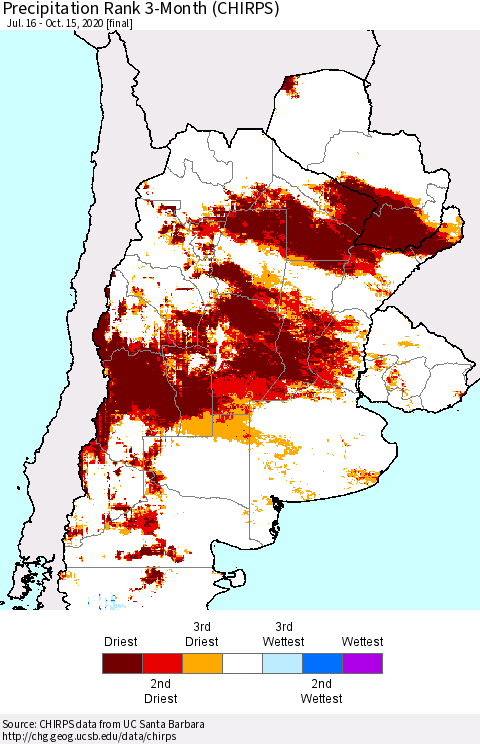 Southern South America Precipitation Rank since 1981, 3-Month (CHIRPS) Thematic Map For 7/16/2020 - 10/15/2020