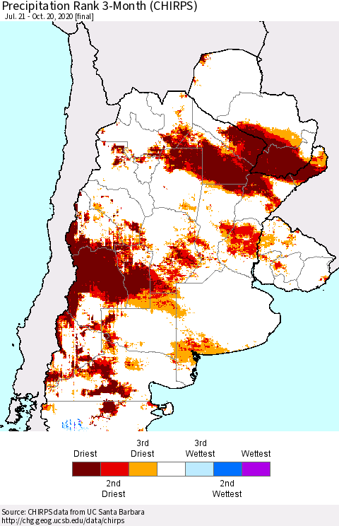 Southern South America Precipitation Rank since 1981, 3-Month (CHIRPS) Thematic Map For 7/21/2020 - 10/20/2020
