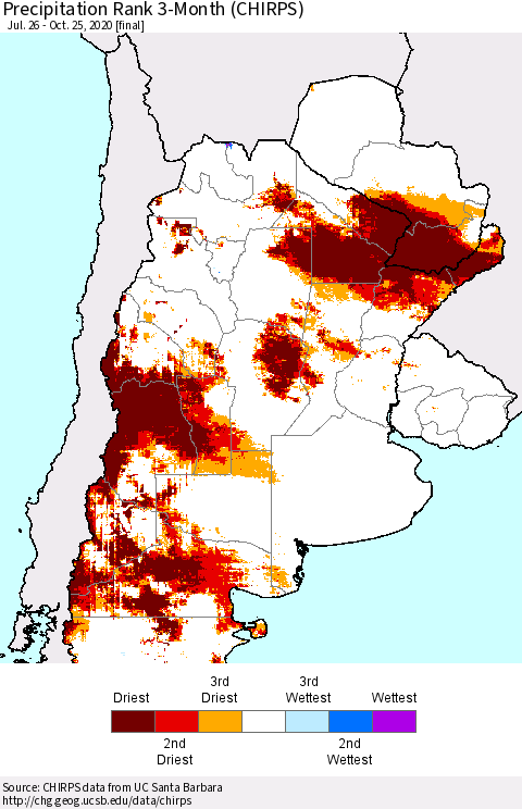 Southern South America Precipitation Rank since 1981, 3-Month (CHIRPS) Thematic Map For 7/26/2020 - 10/25/2020