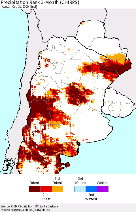 Southern South America Precipitation Rank since 1981, 3-Month (CHIRPS) Thematic Map For 8/1/2020 - 10/31/2020