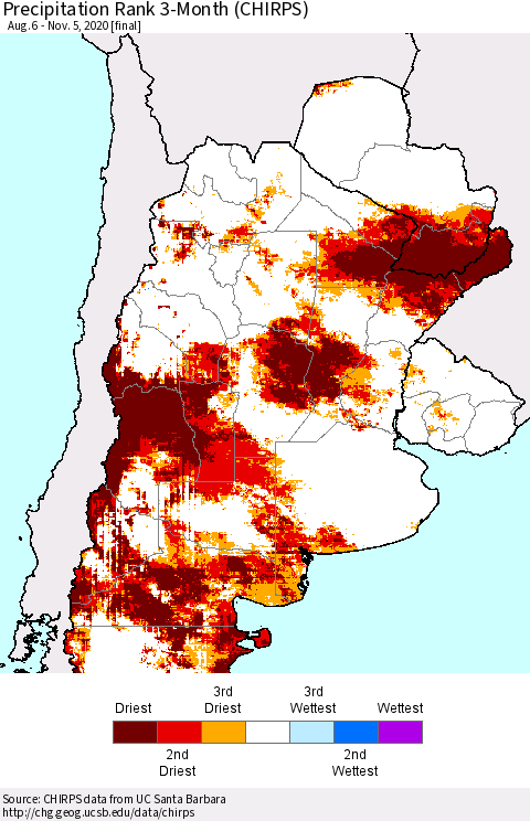 Southern South America Precipitation Rank since 1981, 3-Month (CHIRPS) Thematic Map For 8/6/2020 - 11/5/2020