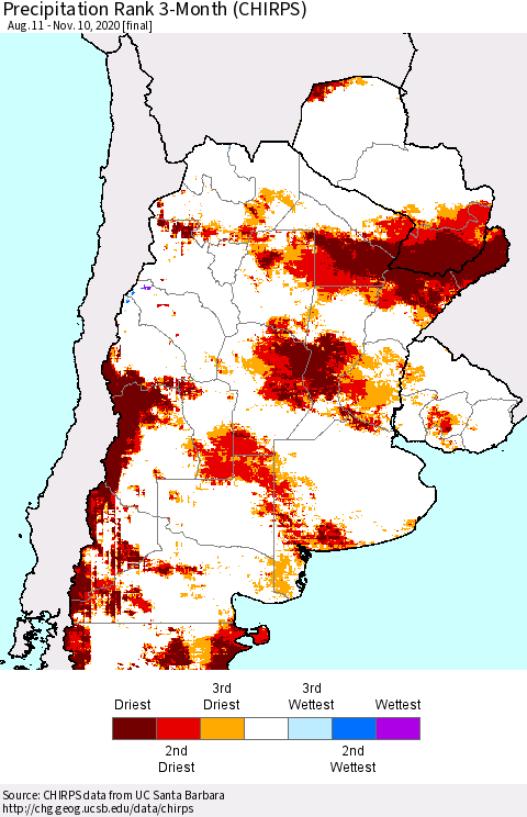 Southern South America Precipitation Rank since 1981, 3-Month (CHIRPS) Thematic Map For 8/11/2020 - 11/10/2020