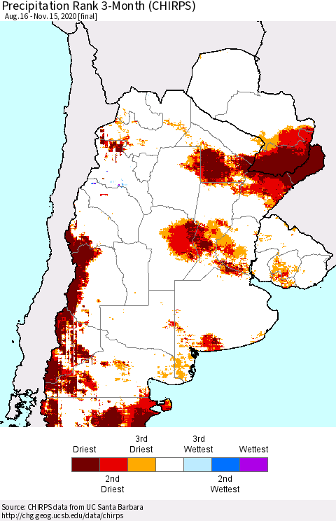 Southern South America Precipitation Rank since 1981, 3-Month (CHIRPS) Thematic Map For 8/16/2020 - 11/15/2020