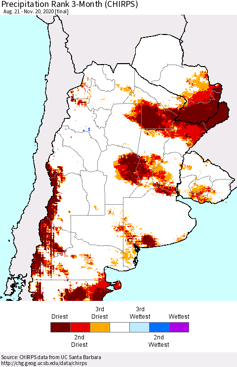 Southern South America Precipitation Rank since 1981, 3-Month (CHIRPS) Thematic Map For 8/21/2020 - 11/20/2020
