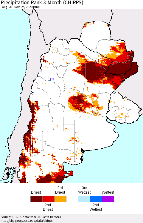Southern South America Precipitation Rank since 1981, 3-Month (CHIRPS) Thematic Map For 8/26/2020 - 11/25/2020