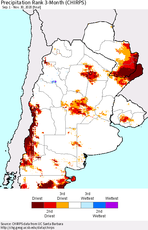 Southern South America Precipitation Rank since 1981, 3-Month (CHIRPS) Thematic Map For 9/1/2020 - 11/30/2020