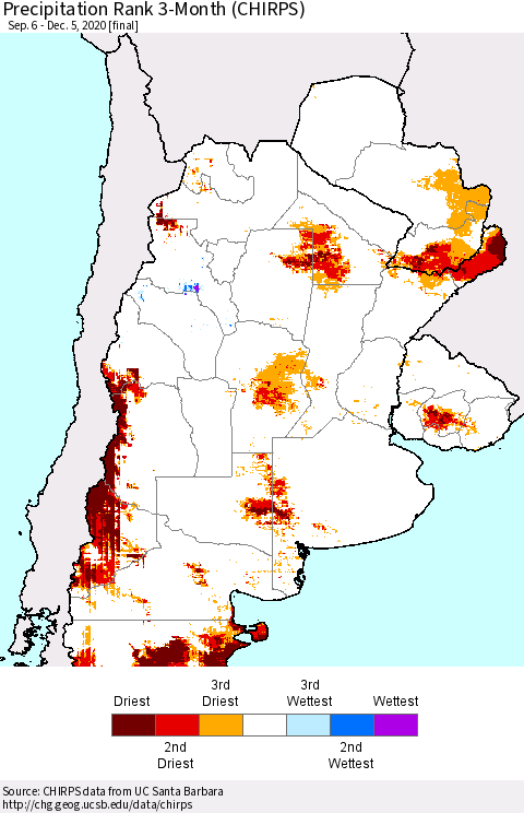 Southern South America Precipitation Rank since 1981, 3-Month (CHIRPS) Thematic Map For 9/6/2020 - 12/5/2020