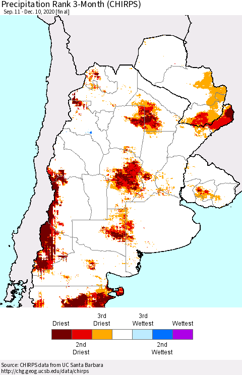 Southern South America Precipitation Rank since 1981, 3-Month (CHIRPS) Thematic Map For 9/11/2020 - 12/10/2020