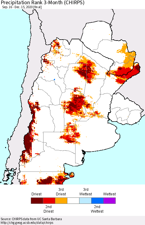 Southern South America Precipitation Rank since 1981, 3-Month (CHIRPS) Thematic Map For 9/16/2020 - 12/15/2020