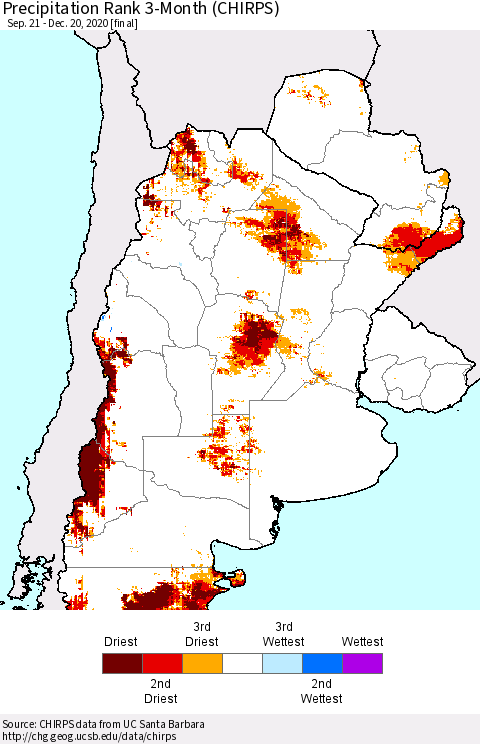 Southern South America Precipitation Rank since 1981, 3-Month (CHIRPS) Thematic Map For 9/21/2020 - 12/20/2020