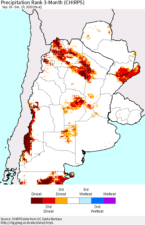 Southern South America Precipitation Rank since 1981, 3-Month (CHIRPS) Thematic Map For 9/26/2020 - 12/25/2020
