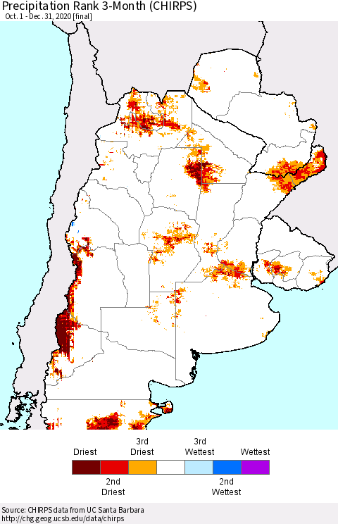 Southern South America Precipitation Rank since 1981, 3-Month (CHIRPS) Thematic Map For 10/1/2020 - 12/31/2020