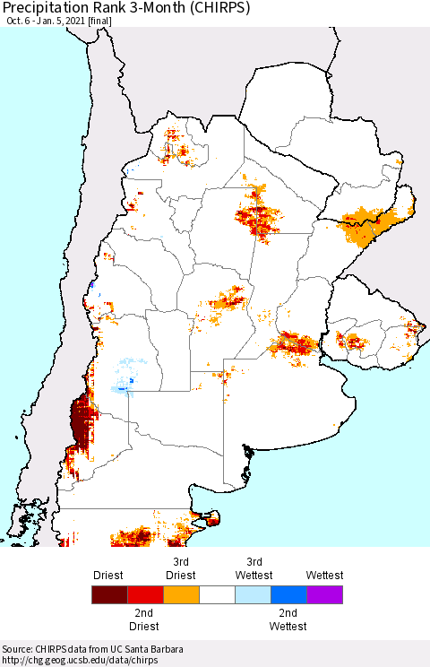 Southern South America Precipitation Rank since 1981, 3-Month (CHIRPS) Thematic Map For 10/6/2020 - 1/5/2021