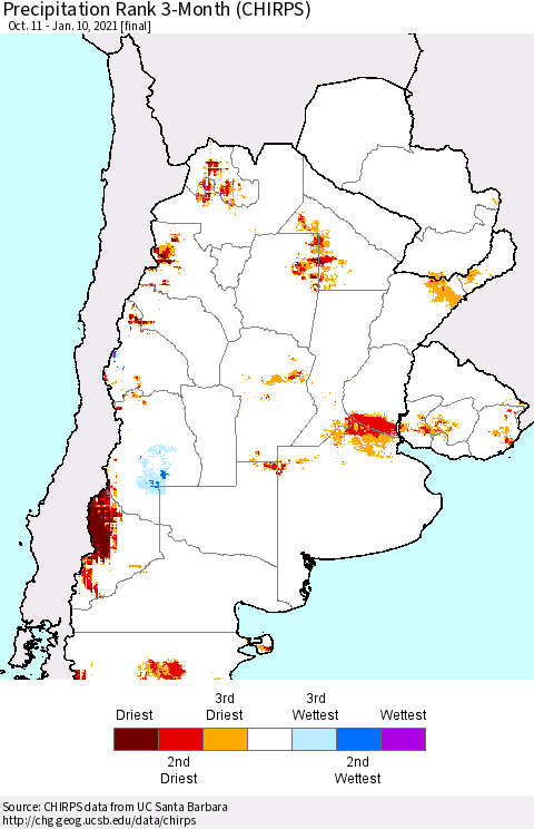 Southern South America Precipitation Rank since 1981, 3-Month (CHIRPS) Thematic Map For 10/11/2020 - 1/10/2021