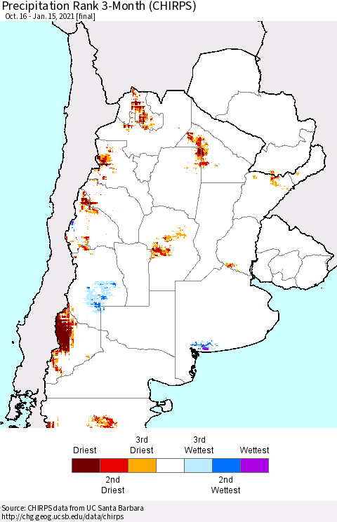 Southern South America Precipitation Rank since 1981, 3-Month (CHIRPS) Thematic Map For 10/16/2020 - 1/15/2021