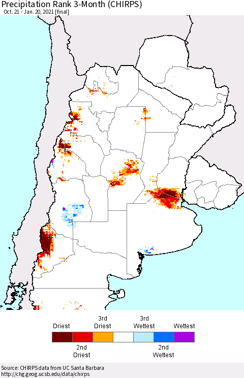 Southern South America Precipitation Rank since 1981, 3-Month (CHIRPS) Thematic Map For 10/21/2020 - 1/20/2021