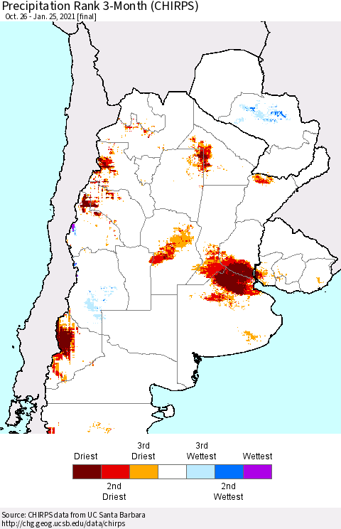 Southern South America Precipitation Rank since 1981, 3-Month (CHIRPS) Thematic Map For 10/26/2020 - 1/25/2021