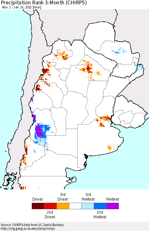 Southern South America Precipitation Rank since 1981, 3-Month (CHIRPS) Thematic Map For 11/1/2020 - 1/31/2021