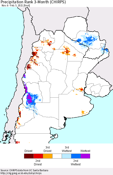 Southern South America Precipitation Rank since 1981, 3-Month (CHIRPS) Thematic Map For 11/6/2020 - 2/5/2021