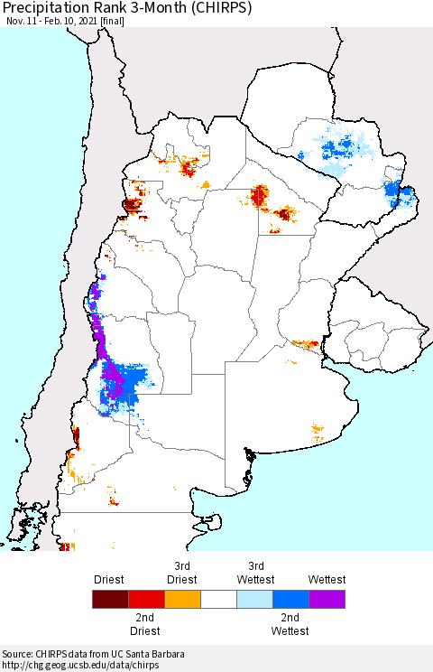 Southern South America Precipitation Rank since 1981, 3-Month (CHIRPS) Thematic Map For 11/11/2020 - 2/10/2021