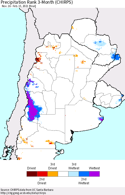 Southern South America Precipitation Rank since 1981, 3-Month (CHIRPS) Thematic Map For 11/16/2020 - 2/15/2021