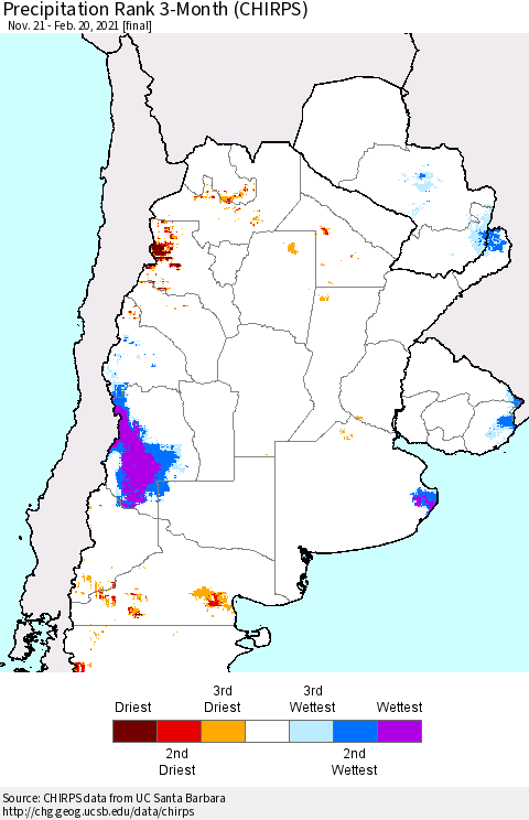Southern South America Precipitation Rank since 1981, 3-Month (CHIRPS) Thematic Map For 11/21/2020 - 2/20/2021