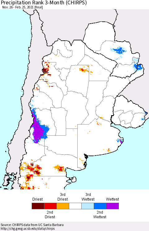 Southern South America Precipitation Rank since 1981, 3-Month (CHIRPS) Thematic Map For 11/26/2020 - 2/25/2021
