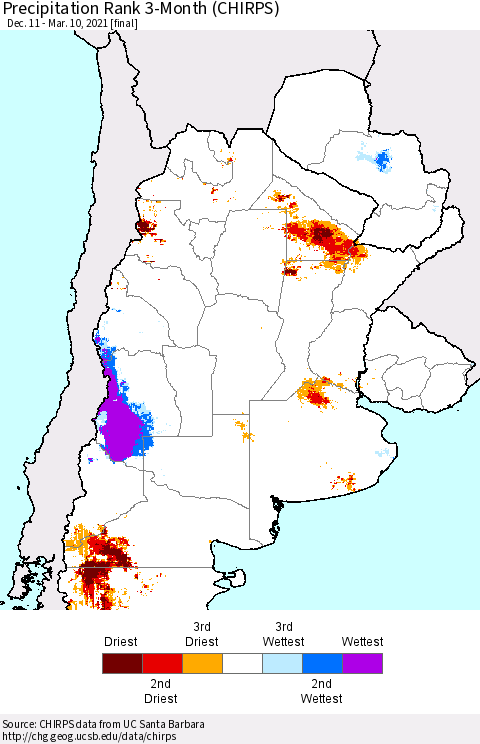 Southern South America Precipitation Rank since 1981, 3-Month (CHIRPS) Thematic Map For 12/11/2020 - 3/10/2021