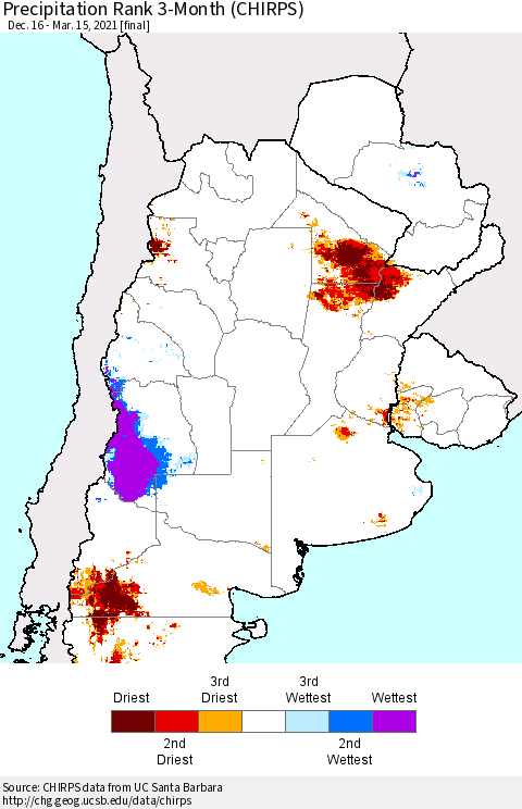 Southern South America Precipitation Rank since 1981, 3-Month (CHIRPS) Thematic Map For 12/16/2020 - 3/15/2021