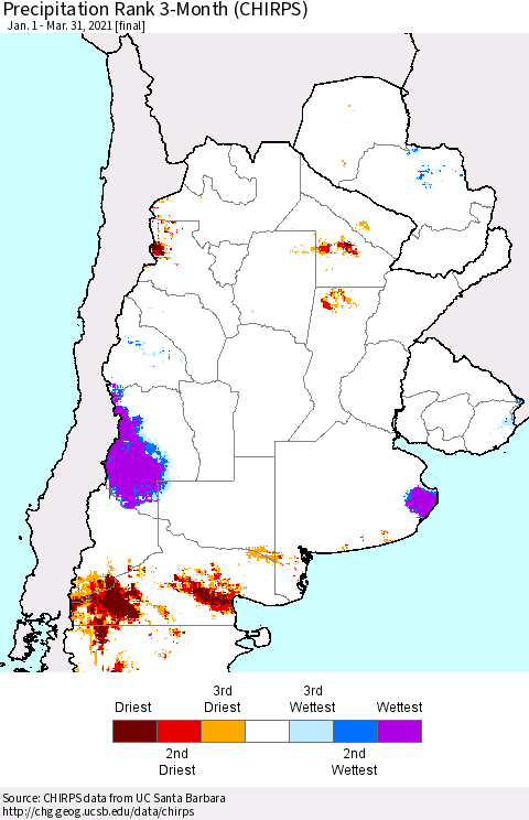 Southern South America Precipitation Rank since 1981, 3-Month (CHIRPS) Thematic Map For 1/1/2021 - 3/31/2021