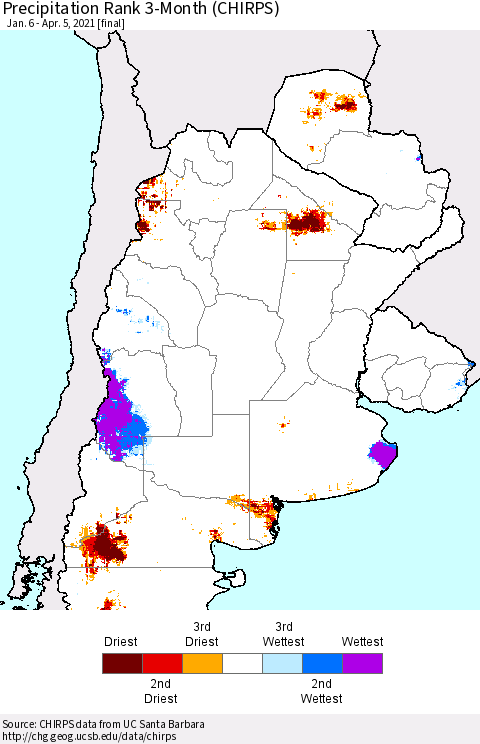 Southern South America Precipitation Rank since 1981, 3-Month (CHIRPS) Thematic Map For 1/6/2021 - 4/5/2021