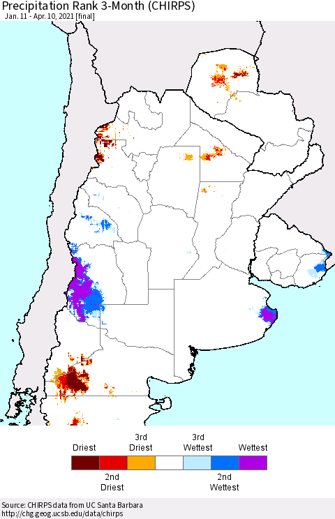 Southern South America Precipitation Rank since 1981, 3-Month (CHIRPS) Thematic Map For 1/11/2021 - 4/10/2021