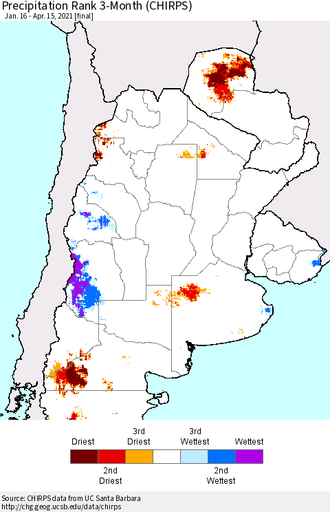 Southern South America Precipitation Rank since 1981, 3-Month (CHIRPS) Thematic Map For 1/16/2021 - 4/15/2021