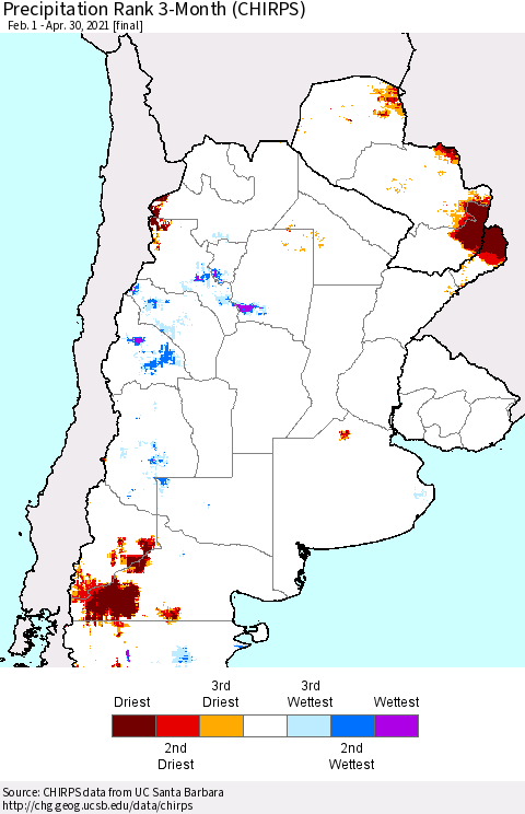 Southern South America Precipitation Rank since 1981, 3-Month (CHIRPS) Thematic Map For 2/1/2021 - 4/30/2021
