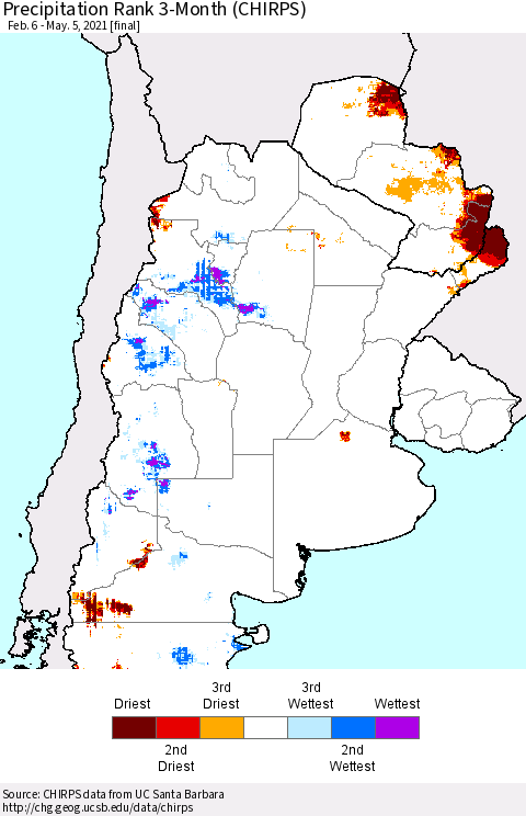 Southern South America Precipitation Rank since 1981, 3-Month (CHIRPS) Thematic Map For 2/6/2021 - 5/5/2021