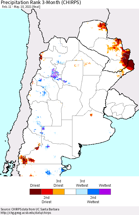 Southern South America Precipitation Rank since 1981, 3-Month (CHIRPS) Thematic Map For 2/11/2021 - 5/10/2021