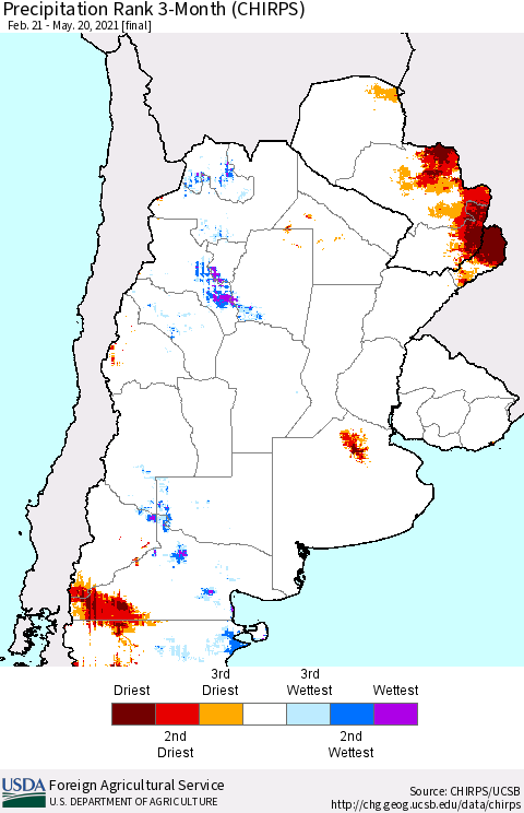 Southern South America Precipitation Rank since 1981, 3-Month (CHIRPS) Thematic Map For 2/21/2021 - 5/20/2021