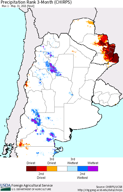 Southern South America Precipitation Rank since 1981, 3-Month (CHIRPS) Thematic Map For 3/1/2021 - 5/31/2021