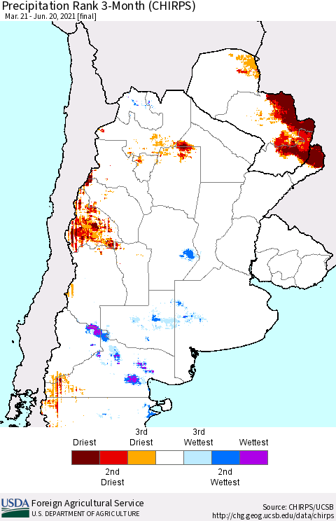 Southern South America Precipitation Rank since 1981, 3-Month (CHIRPS) Thematic Map For 3/21/2021 - 6/20/2021