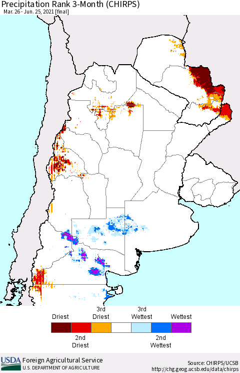 Southern South America Precipitation Rank since 1981, 3-Month (CHIRPS) Thematic Map For 3/26/2021 - 6/25/2021