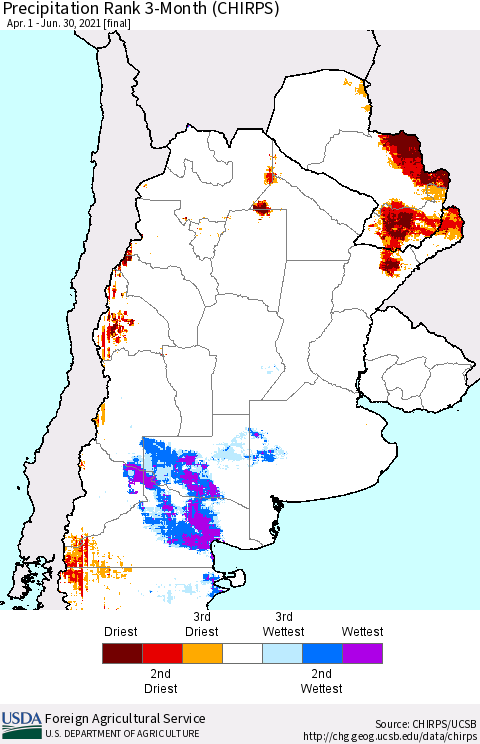 Southern South America Precipitation Rank since 1981, 3-Month (CHIRPS) Thematic Map For 4/1/2021 - 6/30/2021