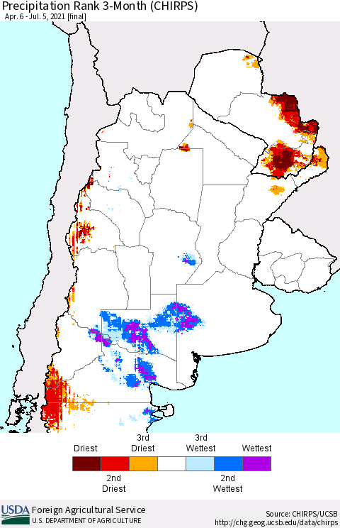 Southern South America Precipitation Rank since 1981, 3-Month (CHIRPS) Thematic Map For 4/6/2021 - 7/5/2021