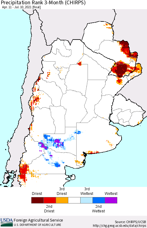 Southern South America Precipitation Rank since 1981, 3-Month (CHIRPS) Thematic Map For 4/11/2021 - 7/10/2021