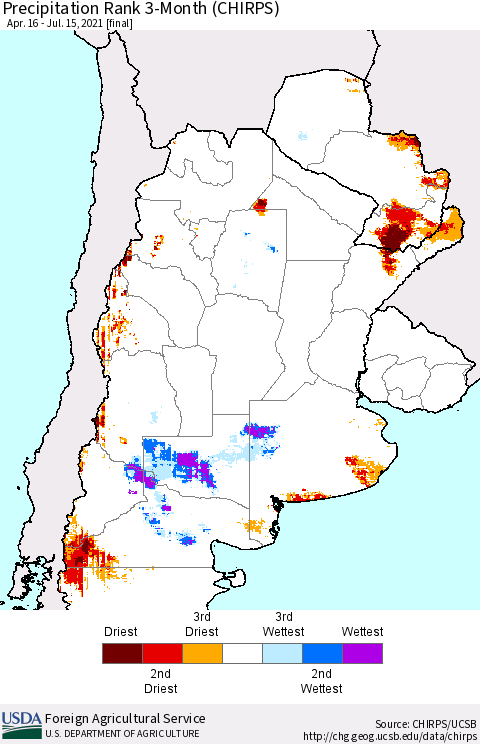 Southern South America Precipitation Rank since 1981, 3-Month (CHIRPS) Thematic Map For 4/16/2021 - 7/15/2021