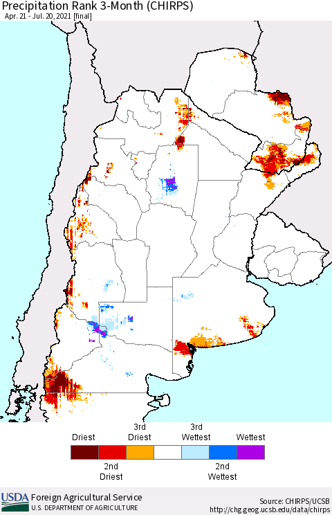 Southern South America Precipitation Rank since 1981, 3-Month (CHIRPS) Thematic Map For 4/21/2021 - 7/20/2021