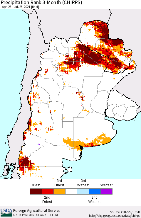 Southern South America Precipitation Rank since 1981, 3-Month (CHIRPS) Thematic Map For 4/26/2021 - 7/25/2021
