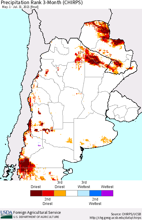 Southern South America Precipitation Rank 3-Month (CHIRPS) Thematic Map For 5/1/2021 - 7/31/2021