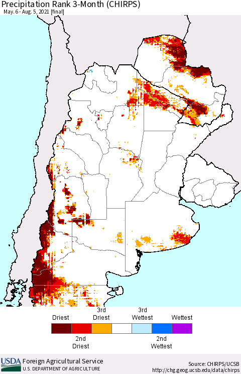 Southern South America Precipitation Rank 3-Month (CHIRPS) Thematic Map For 5/6/2021 - 8/5/2021